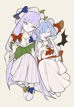 Rule 34 | 2girls, absurdres, ascot, bat wings, blue hair, blunt bangs, book, bow, commentary request, crescent, crescent hair ornament, crescent hat ornament, crescent pin, dee (tannsumi), dress, hair bow, hair ornament, hair ribbon, hat, hat ornament, high heels, highres, long hair, mob cap, multiple girls, patchouli knowledge, purple eyes, purple hair, red ascot, red sash, remilia scarlet, ribbon, sash, short hair, sidelocks, simple background, smile, striped clothes, striped dress, touhou, vertical-striped clothes, vertical-striped dress, white dress, wings
