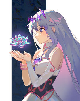 Rule 34 | 1girl, absurdres, asymmetrical sleeves, breasts, crystal, crystal flower, detached collar, detached sleeves, dress, flower, fluffycatfish, from side, highres, holding, holding flower, hololive, hololive english, jewelry, koseki bijou, long hair, lotus, purple eyes, purple hair, small breasts, solo, tiara, torso, very long hair, virtual youtuber, white dress