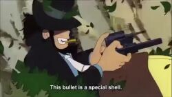 1970s_(style) 1girl animated anime_screenshot arsene_lupin_iii battle car chasing clarisse_de_cagliostro explosion forest gun jigen_daisuke lupin_iii motor_vehicle mountain multiple_boys nature oldschool retro_artstyle sound tagme tree video weapon