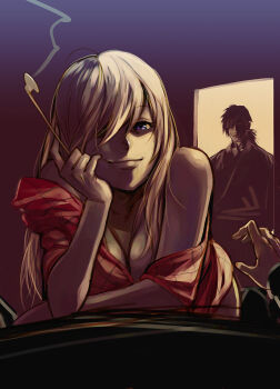 Rule 34 | 1girl, 2boys, bad id, bad pixiv id, bare shoulders, blonde hair, blue eyes, breasts, cleavage, holding, holding smoking pipe, japanese clothes, kiseru, mayumio, medium breasts, multiple boys, off shoulder, pixiv fantasia, pixiv fantasia 1, smile, smoking pipe