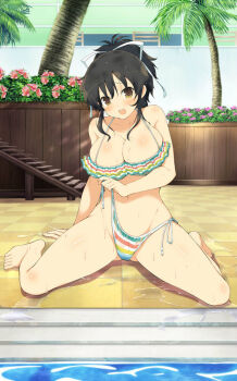 1girl armpit_crease asuka_(senran_kagura) bikini blush body_blush breasts brown_eyes brown_hair cleavage collarbone embarrassed flower flower_box frilled_bikini frills hair_between_eyes hair_ribbon large_breasts looking_at_viewer multicolored_bikini multicolored_stripes navel official_art open_clothes open_mouth palm_tree pink_flower ponytail poolside rainbow_bikini ribbon senran_kagura senran_kagura_new_wave senran_kagura_shoujo-tachi_no_shin&#039;ei shiny_skin short_hair short_ponytail side-tie_bikini_bottom sidelocks sitting solo stairs striped_bikini striped_clothes swimsuit teeth tree tying_bikini untied_bikini upper_teeth_only wardrobe_malfunction wariza water wet white_ribbon wooden_stairs yaegashi_nan