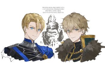 Rule 34 | 2boys, blonde hair, blue eyes, cape, cropped shoulders, crossover, dimitri alexandre blaiddyd, fate/grand order, fate (series), fire emblem, fire emblem: three houses, fur-trimmed cape, fur trim, gawain (fate), gawain (third ascension) (fate), gorilla, hair between eyes, highres, korean text, looking at viewer, male focus, multiple boys, nintendo, potato goril, short hair, simple background, smile, trait connection, translation request, white background