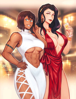 2girls abs alcohol armlet artist_name asami_sato avatar_legends black_hair blue_eyes blurry blurry_background breasts brown_hair champagne_flute cleavage clothing_cutout cup dark-skinned_female dark_skin dress drinking_glass earrings evening_gown female_focus green_eyes halterneck hand_on_own_hip holding holding_drinking_glass iahfy indoors jewelry korra large_breasts linea_alba long_hair looking_at_viewer midriff multiple_girls muscular muscular_female navel necklace no_bra obliques party patreon_username plunging_neckline red_dress short_hair side_cutout sideboob smile stomach_cutout the_legend_of_korra twitter_username underboob watermark white_dress