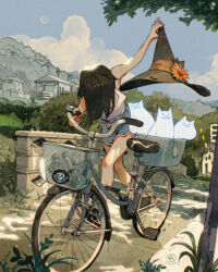 Rule 34 | 1girl, bicycle, black hair, black hat, blue shorts, blue sky, crescent moon, dolphin shorts, hat, high-waist shorts, highres, holding, holding clothes, holding hat, moon, original, outdoors, shorts, simz, sky, tank top, white tank top, witch hat
