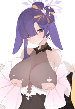 1girl absurdres animal_ears blue_archive breasts chinese_commentary commentary_request gu_meng_yin hair_ornament hair_over_one_eye halo highres huge_breasts looking_at_viewer nipples purple_eyes purple_hair rabbit_ears see-through_clothes simple_background solo tsukuyo_(blue_archive) tsukuyo_(dress)_(blue_archive) white_background