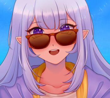 1girl absurdres blush brown-tinted_eyewear collarbone emilia_(re:zero) female_focus hair_between_eyes highres long_hair looking_at_viewer looking_over_eyewear looking_over_glasses open_mouth pointy_ears purple_eyes purple_hair re:zero_kara_hajimeru_isekai_seikatsu ryomabbr smile solo sunglasses tagme teeth tinted_eyewear