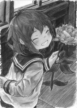 1girl blush closed_eyes commentary_request facing_viewer flower graphite_(medium) greyscale hat highres holding holding_flower ikazuchi_(kancolle) irogawara_naomitu kantai_collection long_hair monochrome rose school_uniform serafuku short_hair smile solo traditional_media