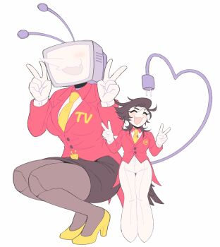 2girls ant_tenna antennae bird_tail black_hair black_skirt blush closed_eyes clothed_robot collared_shirt colored_skin commentary crt deltarune double_v electric_plug electric_plug_tail english_commentary fang full_body genderswap genderswap_(mtf) gloves highres humanoid_robot long_nose medium_hair multiple_girls necktie object_head pants pointy_nose robot shirt shoes simple_background skin_fang skirt smile spamton_g._spamton spamton_g._spamton_(big_shot) squatting tail tailcoat utdr_(toby_fox) v wav3rr white_background white_gloves white_pants white_shirt white_skin yellow_necktie yellow_shoes