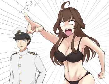 1boy 1girl admiral_(kancolle) ahoge anger_vein angry black_bra bra breasts brown_hair cleavage commentary_request ichimai_(apieceof_ray151) kantai_collection kongou_(kancolle) looking_at_another military_uniform open_mouth pointing sharp_teeth teeth underwear voice_actor_connection
