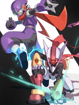 Rule 34 | 2boys, absurdres, armor, black background, double soul (mega man), forehead jewel, full body, helmet, highres, in-franchise crossover, kuji-in, male focus, mega man (series), mega man battle network (series), mega man zx, mega man zx advent, model p (mega man), multiple boys, ninja, omochi (mochi skymega), pants, purple armor, purple helmet, purple pants, purple shirt, red scarf, scarf, shadowman.exe, shirt, shuriken, siarnaq (mega man), simple background, weapon, white background