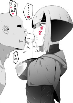 1boy 1girl absurdres after_kiss breast_press breasts breasts_out capelet expressionless faceless faceless_male french_kiss gardenia_(pokemon) gradient_background greyscale heart hetero highres holding hypnosis imminent_penetration kiss kiss_focus large_breasts licking licking_lips lips looking_at_another medium_breasts mind_control monochrome navel nintendo nipples no_bra pokemon pokemon_dppt pubic_hair pubic_hair_peek saliva saliva_on_breasts saliva_trail sequential shirt short_hair simple_background smile source_request standing sweat tongue tongue_out torn_clothes torn_shirt translation_request uranosaxia white_background