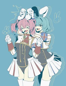 &gt;_&lt; 2girls :d absurdres animal_ears blue_hair bob_cut boots chiester410 chiester45 cowboy_shot cropped_jacket fang gloves grabbing_another&#039;s_ear grey_eyes hand_on_another&#039;s_ear highres jinxiaoyimeng looking_at_another multiple_girls open_mouth pink_hair pleated_skirt rabbit_ears rabbit_girl skin_fang skirt smile swimsuit_costume tearing_up thigh_boots twintails umineko_no_naku_koro_ni wavy_mouth white_boots white_gloves white_skirt yuri