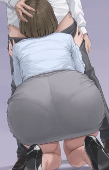 Rule 34 | 1boy, 1girl, ano (gccx8784), ass, black shoes, blue shirt, brown eyes, brown hair, clothes pull, commentary request, grey skirt, hand on another's head, high heels, highres, implied fellatio, kneeling, original, pants, pants pull, pencil skirt, shirt, shoes, short hair, skirt, white shirt