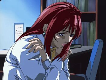 00s 1girl 2002 animated animated_gif bedroom bible_black bible_black_night_of_the_walpulgiss book bookshelf bow chair crossed_arms desk earrings jewelry lipstick long_hair makeup mature_female purple_eyes red_hair shirt solo tagme takashiro_hiroko teacher white_shirt yellow_bow