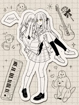 2girls artist_request bang_dream! bang_dream!_it&#039;s_mygo!!!!! chinese_commentary commentary_request commission cup dog electric_guitar embarrassed flower greyscale guitar hanasakigawa_school_uniform hands_on_own_face haneoka_school_uniform heart highres hime_cut instrument keyboard_(instrument) kneehighs loafers long_hair misumi_uika monochrome mug multiple_girls pleated_skirt rose school_uniform second-party_source serafuku shoes sidelocks skirt socks spoken_blush spot_color togawa_sakiko two_side_up yuri