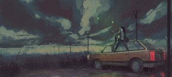 Rule 34 | absurdres, black hair, black jacket, bug, butterfly, car, character request, cloud, cloudy sky, collared shirt, colored skin, commentary, copyright request, elbow on knee, english commentary, glowing, grass, grey skin, grey sky, highres, insect, jacket, knee up, messy hair, motor vehicle, outdoors, plain, power lines, puddle, shirt, sitting, sky, toebeez, utility pole, white shirt