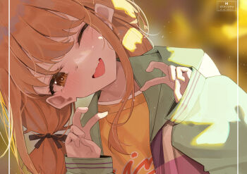 1girl blonde_hair blue_jacket blush commentary double_v fang fujita_kotone gakuen_idolmaster head_tilt highres idolmaster jacket kebohan long_hair one_eye_closed open_clothes open_jacket open_mouth shirt sidelocks skin_fang solo sweat symbol-only_commentary upper_body v yellow_eyes yellow_shirt