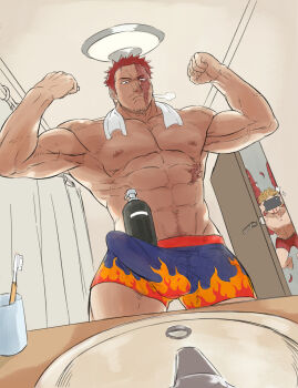 2boys abs aroused_nosebleed bara bathroom beard_stubble blood boku_no_hero_academia boxer_briefs bulge cellphone commentary_request double_biceps_pose endeavor_(boku_no_hero_academia) erection erection_under_clothes facial_hair flexing haku_(pixiv_98785262) hawks_(boku_no_hero_academia) highres holding holding_phone indoors large_pectorals male_focus male_underwear multiple_boys muscular muscular_male mustache_stubble navel navel_hair nipples nosebleed pectorals phone red_hair scar scar_on_face shampoo_challenge short_hair smartphone soap_bottle stubble taking_picture toothbrush towel towel_around_neck underwear