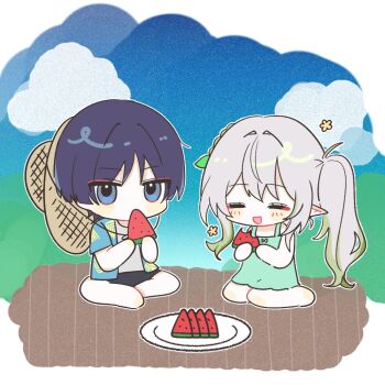 1boy 1girl alternate_costume black_hair black_shorts blue_eyes blue_shirt blue_sky blunt_ends blush blush_stickers braid brown_hat casual choppy_bangs closed_eyes cloud cloudy_sky colored_tips commentary_request contemporary dress eyelashes eyeliner facing_another food fruit genshin_impact green_dress green_hair hair_intakes hair_ornament half_crown_braid halterneck hat hawaiian_shirt holding holding_food holding_fruit indian_style korean_commentary layered_shirt leaf leaf_hair_ornament long_hair looking_at_viewer makeup multicolored_hair nahida_(genshin_impact) open_clothes open_mouth open_shirt outdoors plate pointy_ears red_eyeliner scaramouche_(genshin_impact) seiza shirt shorts side_ponytail sidelocks sitting sky straw_hat tsurime watermelon watermelon_slice wheat_02 white_hair white_shirt