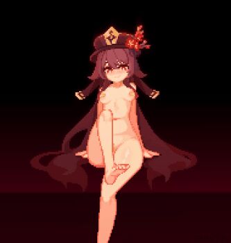 1girl aduare animated animated_gif bandages bandaid bandaid_on_pussy bandaids_on_nipples black_hair feet foot_focus footjob genshin_impact hu_tao_(genshin_impact) lowres pasties pixel_art sexually_suggestive tagme