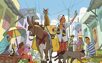 black_hair bowl brown_hair calico_(pattern) calico_cat cat cloud coconut commentary_request dark-skinned_female dark-skinned_male dark_skin day donkey ethiopia ethiopian_clothes food fruit gas_can glasses gurihiru hat hijab house multiple_boys multiple_girls open_mouth orange_(fruit) original pink_hijab power_lines profile shirt short_hair sitting striped_clothes striped_shirt umbrella watermelon waving white_hat