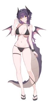 Rule 34 | 1girl, absurdres, bare shoulders, bikini, black bikini, black choker, black horns, black sandals, breasts, breasts apart, choker, collarbone, commentary, dragon girl, dragon horns, dragon tail, dragon wings, feet, flip-flops, full body, gluteal fold, groin, hair between eyes, hair intakes, halterneck, hand up, highres, horns, large breasts, large tail, legs, long hair, looking at viewer, meosic2, navel, pointy ears, purple eyes, sakihane huya, sandals, scrunchie, side-tie bikini bottom, sideboob, sidelocks, simple background, skindentation, solo, standing, standing on one leg, stellive, stomach, string bikini, swimsuit, tail, thigh strap, thighs, toes, triangle bikini top, two side up, underboob, very long hair, virtual youtuber, white background, wings, wrist scrunchie, yellow eyes