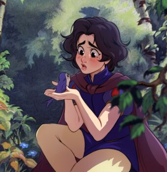 1boy :o animal bird black_hair blush bush cape commentary english_commentary forest genderswap genderswap_(ftm) holding holding_animal lower_teeth_only nature outdoors red_cape ripushko short_hair shorts snow_white_(disney) snow_white_and_the_seven_dwarfs_(disney) solo tearing_up teeth