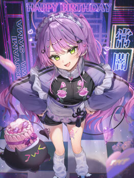 1girl :d absurdres antenna_hair apron armband belt bibi_(tokoyami_towa) black_shorts black_skirt colored_inner_hair commentary_request demon_girl demon_tail floral_print frilled_armband frills gradient_hair green_eyes hair_ornament hairclip hands_on_own_hips happy_birthday highres hololive jacket jersey_maid leaning_forward leg_warmers long_hair looking_at_viewer maid maid_apron multicolored_hair official_alternate_costume open_mouth pink_hair pointy_ears purple_belt purple_hair purple_sleeves runlan_0329 shorts shorts_under_skirt sidelocks skirt smile solo striped_clothes striped_shorts striped_skirt striped_sleeves swept_bangs tail tokoyami_towa tokoyami_towa_(jersey_maid) track_jacket unconventional_maid virtual_youtuber