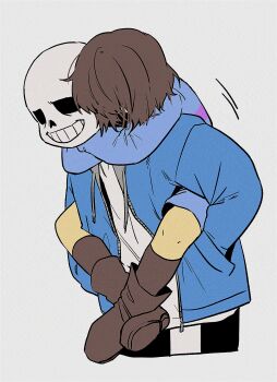 1boy 1other :d absurdres adversarial_noise ankle_boots arms_around_neck black_pants blue_jacket blue_shirt blue_shorts bob_cut boots brown_boots brown_hair brown_socks carrying covered_eyes cropped_legs croquis2025 crossed_ankles drawstring frisk_(undertale) full_body grey_background grin hair_over_eyes hands_in_pockets highres hollow_eyes hug hug_from_behind jacket kneehighs knees_apart_feet_together long_sleeves open_clothes open_jacket open_mouth pants piggyback pink_shirt puffy_long_sleeves puffy_sleeves sans_(undertale) shirt short_hair shorts simple_background single_vertical_stripe skeleton smile socks striped_clothes striped_shirt two-tone_shirt undertale utdr_(toby_fox) white_shirt