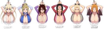 alternate_breast_size amagi_brilliant_park armpits black_hair bleach blonde_hair blue_eyes blush boa_hancock breasts brown_eyes brown_hair chain cleavage code_geass earrings elbow_gloves facial_mark forehead_mark glaring gloves grey_eyes gundam gundam_00 hair_bun hanging_breasts highres huge_breasts iwao178 japanese_clothes jewelry lips looking_at_viewer matsumoto_rangiku milly_ashford mole mole_under_mouth naruto_(classic) naruto_(series) necklace one_piece open_mouth orange_hair restrained scowl shiny_skin single_hair_bun stuck sumeragi_lee_noriega sylphy_(amaburi) through_wall tsunade_(naruto)