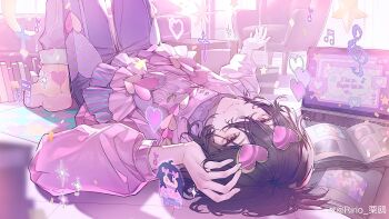 1boy 5uper_love_(ensemble_stars!) absurdres arm_up beads black_hair blue_pants book boots chair chinese_commentary commentary_request computer couch cross ensemble_stars! frilled_shirt frilled_shirt_collar frills hair_between_eyes hand_on_own_head heart heart-shaped_eyewear highres knees_out_of_frame laptop legs_up long_sleeves lying male_focus medium_hair musical_note official_alternate_costume on_back on_floor pants pink-tinted_eyewear pink_shirt pixel_art_inset puffy_long_sleeves puffy_sleeves red_eyes ririo sakuma_rei_(ensemble_stars!) shirt shoes solo sparkle star_(symbol) tinted_eyewear watermark weibo_watermark window_(computing)