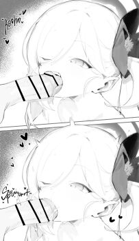 1boy 1girl blue_archive cum cum_in_mouth fellatio flower greyscale hair_flower hair_ornament hetero highres loli monochrome mutsuki_(blue_archive) nude one_eye_closed oral penis side_ponytail teriibol tongue tongue_out upper_body