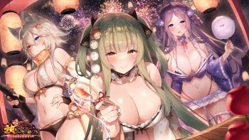 3girls aerial_fireworks animal_ears bare_shoulders bell bent_over bikini black_bikini blue_bikini blue_eyes blue_shirt blurry bow breasts candy_apple character_request choker cleavage closed_mouth collarbone crop_top depth_of_field detached_collar detached_sleeves fireworks food fox_ears frilled_bikini frills gold_trim green_hair grey_hair hair_bow hair_ornament halterneck hand_on_own_hip heterochromia highleg highres holding houchi_shoujo jingle_bell lantern large_breasts long_hair long_sleeves looking_at_viewer microskirt midriff mismatched_bikini multiple_girls navel off-shoulder_shirt off_shoulder official_art paper_lantern parted_bangs parted_lips pink_choker pleated_skirt purple_eyes purple_hair revealing_clothes ribbon_choker scarf shirt skirt smile sora_72-iro stomach string_bikini swimsuit tongue tongue_out two_side_up very_long_hair white_bikini white_skirt wide_sleeves yellow_eyes