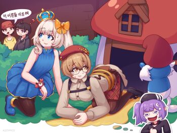 Rule 34 | 2025, 2boys, 2girls, 2others, all fours, artist name, azzypics, black shoes, blue eyes, blue shoes, breasts, clio aite, crawling, glasses, grass, highres, house, indie virtual youtuber, japanese text, kneeling, looking back, marimari (vtuber), medium breasts, multiple boys, multiple girls, multiple others, no arms, pants, papa smurf, shoes, sidetail, speech bubble, the smurfs, thought bubble, virtual youtuber, white background, white pants