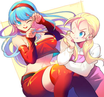2girls aged_up bare_shoulders beige_background belt black_belt blonde_hair blue_eyes blue_hair blush bra_(dragon_ball) breasts cleavage crop_top detached_sleeves dot_nose dragon_ball dragon_ball_gt dress earrings elbow_gloves elbow_rest eyelashes facing_another facing_viewer fingernails floating_hair gloves grin hair_ornament hairband hands_up happy head_rest hoop_earrings index_finger_raised jewelry knees_together_feet_apart large_breasts leaning_back leaning_on_person light_smile long_hair long_sleeves looking_at_another looking_to_the_side low_twintails marron_(dragon_ball) midriff multiple_girls ommmyoh one_eye_closed open_mouth parted_lips red_gloves red_hairband red_legwear red_skirt shiny_clothes shiny_legwear simple_background sitting skirt smile square straight_hair teeth thighhighs tongue twintails twitter_username v-shaped_eyebrows white_background zettai_ryouiki