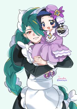 2girls ahoge apron black_hair black_romper blush bow braid braided_ponytail carrying carrying_person cosplay dress earrings gloves green_hair highres holding jacinthe_(pokemon) jacinthe_(pokemon)_(cosplay) jewelry juliet_sleeves lebanne_(pokemon) lebanne_(pokemon)_(cosplay) long_hair long_sleeves looking_at_viewer maid maid_apron maid_headdress multiple_girls nanaasuzy nintendo open_mouth pokemon pokemon_legends:_z-a pokemon_sv ponytail poppy_(pokemon) puffy_sleeves red_eyes rika_(pokemon) romper short_hair smile white_bow