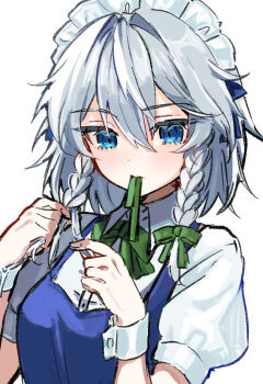 1girl aorin_oekaki blue_dress blue_eyes bow bowtie braid braiding_hair collared_shirt commentary_request dress green_bow green_bowtie grey_hair hair_bow hairdressing highres izayoi_sakuya long_hair maid maid_headdress mouth_hold pinafore_dress puffy_short_sleeves puffy_sleeves ribbon ribbon_in_mouth shirt short_sleeves simple_background sleeveless sleeveless_dress solo touhou twin_braids white_background white_shirt white_wrist_cuffs wrist_cuffs