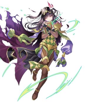1girl argyle_clothes black_cape black_eyes black_hair bodystocking book boots breasts bridal_gauntlets brown_boots cape circlet cleavage clenched_teeth cosplay damaged feather_hair_ornament feathers female_focus fire_emblem fire_emblem_awakening fire_emblem_heroes hair_ornament highres hime_cut holding holding_book large_breasts long_hair matching_hair/eyes nintendo noire_(fire_emblem) noire_(fire_emblem)_(cosplay) non-web_source official_art one_eye_closed solo teeth tharja_(fire_emblem) tharja_(gloomy_mage)_(fire_emblem) torn_cape torn_clothes two_side_up wince