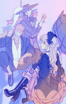 1girl 2boys ^_^ ascot blush boots cheseely choker closed_eyes commentary cup dracule_mihawk dress earrings english_commentary gloves hat_feather high_heel_boots high_heels highres holding holding_cup jewelry long_hair multiple_boys one_piece pantyhose perona roronoa_zoro scar scar_across_eye scar_on_face sideburns sidelocks smile striped_clothes striped_pantyhose