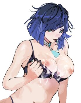 1girl aqua_eyes aqua_nails big_hair black_bra bob_cut bra bra_pull breasts breasts_out clothes_pull cloud cum cum_on_body cum_on_breasts cum_on_upper_body diagonal_bangs genshin_impact hand_up implied_after_paizuri large_breasts medium_hair nipples panty_straps pearl_choker pendant_choker pulling_own_clothes red_lips riki0928 simple_background smile solo tassel_choker uncensored underwear upper_body white_background yelan_(genshin_impact)