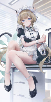 1girl absurdres alternate_costume animal_ear_fluff animal_ears ankle_ribbon apron black_bow black_dress black_ribbon black_shoes blue_eyes blush bound bound_wrists bow brown_hair cat_ears cat_girl cat_tail chinese_commentary commentary_request dress enmaided frilled_apron frills full_body genshin_impact highres indoors kemonomimi_mode leg_ribbon long_hair looking_at_viewer maid maid_apron maid_headdress neck_ribbon parted_lips puffy_short_sleeves puffy_sleeves ribbon sandrone_(genshin_impact) shoes short_sleeves sitting solo swkl:d tail very_long_hair white_apron white_headdress white_ribbon