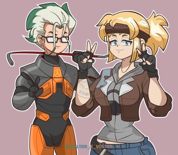 1boy 1girl absurdres alyx_vance alyx_vance_(cosplay) belt black-framed_eyewear black_belt black_gloves blonde_hair blue_eyes cosplay crowbar double_v dr._stone fingerless_gloves glasses gloves gordon_freeman gordon_freeman_(cosplay) green_hair grey_hair half-life half-life_(series) half-life_2 headband hev_suit highres holding holding_crowbar ishigami_senkuu kohaku_(dr._stone) multicolored_hair simple_background smile two-tone_hair v volter_x_volter