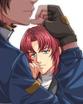 2boys absurdres ao_no_kiseki black_gloves blurry blurry_foreground bob_cut commentary curtained_hair eiyuu_densetsu english_commentary fingerless_gloves gloves green_eyes highres implied_yaoi lloyd_bannings long_sleeves male_focus multiple_boys parted_bangs partially_shaded_face randolph_orlando simple_background white_background yuzukiyo zero_no_kiseki