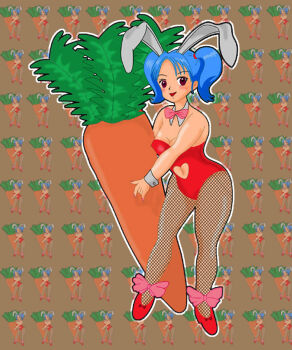 1girl animal_ears black_pantyhose blue_hair blush bow bowtie breasts brown_background carrot character_background cleavage clothing_cutout detached_collar fake_animal_ears fishnet_pantyhose fishnets food footwear_bow heart_cutout high_heels holding holding_food leotard long_hair looking_at_viewer medium_breasts navel navel_cutout neko_no_kimagure open_mouth original oversized_food oversized_object pantyhose pink_bow pink_bowtie playboy_bunny rabbit_ears red_bow red_eyes red_leotard red_shoes shoes smile standing twintails wrist_cuffs
