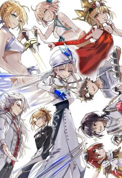 1other 3boys 5girls ahoge androgynous aqua_bikini aqua_bow artoria_pendragon_(fate) artoria_pendragon_(swimsuit_archer)_(fate) artoria_pendragon_(swimsuit_archer)_(first_ascension)_(fate) ascot beni-enma beni-enma_(second_ascension) bikini black_hair black_necktie black_sash blonde_hair blue_eyes blue_feathers blue_gloves blue_hair bow braid braided_ponytail breasts butler carimarica chaldea_logo cheek_tattoo crossdressing crossdressing_(ftm) crown dress excalibur_(fate/stay_night) facial_mark fate/grand_order fate/grand_order_arcade fate_(series) feathers female_butler food formal_clothes front-tie_bikini_top front-tie_top fujimaru_ritsuka_(male) gloves glowing glowing_tattoo gold_crown gradient_hair green_eyes hair_bow hair_bun hair_intakes hair_ornament hair_scrunchie hat hat_feather highres jacket japanese_clothes katana kimono lapels long_hair long_sleeves looking_at_viewer low_ponytail medium_breasts military_uniform mordred_(fate) mordred_(formal_dress)_(fate) multicolored_hair multiple_boys multiple_girls naval_uniform neck_tattoo necktie nemo_(fate/grand_order_arcade) nemo_(first_ascension)_(fate/grand_order_arcade) nero_claudius_(fate) okita_j._souji_(fate) okita_j._souji_(third_ascension)_(fate) okita_souji_(fate) onigiri pointed_crown ponytail queen_draco_(fate) queen_draco_(first_ascension)_(fate) red_ascot red_dress red_eyes red_hair red_kimono red_scrunchie ribbon sash scales scrunchie short_hair sidelocks siegfried_(dream_portrait)_(fate) siegfried_(fate) single_braid smile suit swimsuit sword tattoo turban tuxedo very_long_hair weapon white_bikini white_gloves white_hair white_turban yamato_takeru_(fate) yellow_eyes