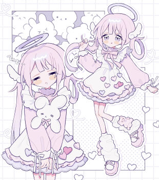 Rule 34 | 1girl, :<, :q, absurdres, apron, blunt bangs, blush stickers, bow, bowtie, closed eyes, closed mouth, commentary request, dress, drooling, full body, grid background, hair ornament, hair rings, halo, hand up, highres, long hair, long sleeves, multiple views, niyu (nennenkorori3), original, outline, pink bow, pink bowtie, pink dress, pink hair, pink shoes, purple halo, shoes, side ponytail, single hair ring, sleeping, sleeve bow, smile, socks, standing, standing on one leg, tongue, tongue out, white apron, white background, white bow, white outline, white socks, wing hair ornament, zzz