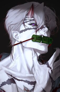 Rule 34 | 1boy, bit gag, black background, black sclera, character request, colored sclera, commentary request, fangs, fingernails, gag, gagged, grey hair, highres, horns, kamado nezuko, kimetsu no yaiba, korean commentary, lips, looking at viewer, male focus, nose, purple eyes, qrpzg107, saliva, sharp fingernails, short hair, simple background, single horn, sky, solo, veiny neck, white sky