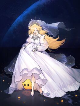 1girl alternate_costume bare_shoulders blonde_hair blue_background breasts closed_eyes closed_mouth commentary dark_background dress full_body hair_over_one_eye highres large_breasts long_hair luma_(mario) mario_(series) mong_(mong_milo) nintendo reflection rosalina see-through_clothes see-through_veil solo_focus super_mario_galaxy symbol-only_commentary veil white_dress white_veil