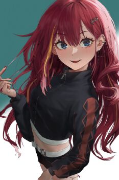 1girl akane_lize alternate_eye_color aqua_eyes belt black_jacket black_shorts commentary_request crop_top cropped_jacket cross cross_earrings double-parted_bangs earrings fangs feet_out_of_frame fingernails foreshortening gradient_background hair_behind_ear hair_ornament hairclip hand_up highres holding holding_own_hair jacket jewelry kimm_hw00 korean_commentary long_hair long_sleeves looking_at_viewer midriff mole mole_under_eye multicolored_hair nail_polish open_mouth red_hair red_nails short_shorts shorts smile solo standing stellive streaked_hair stud_earrings very_long_hair virtual_youtuber white_belt zipper_pull_tab