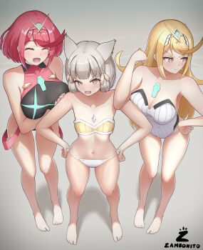 3girls absurdres bare_legs bikini blonde_hair breasts chest_jewel grey_hair highres large_breasts multiple_girls mythra_(radiant_beach)_(xenoblade) mythra_(xenoblade) nia_(xenoblade) one-piece_swimsuit pyra_(pro_swimmer)_(xenoblade) pyra_(xenoblade) red_hair ribbed_swimsuit standing strapless strapless_one-piece_swimsuit swimsuit tiara two-tone_swimsuit xenoblade_chronicles_(series) xenoblade_chronicles_2 zambonito